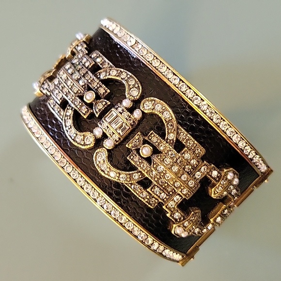 Heidi Daus Black Leather Jeweled Double Hinged Cuff Bracelet Swarovski Crystals - Picture 8 of 8